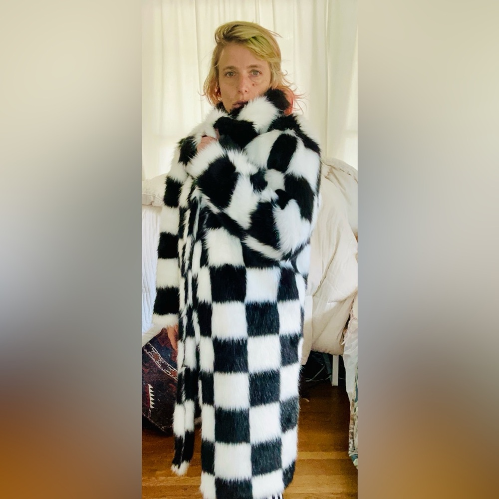 Brand New Avant-Garde Checkerboard Op-Art Faux Fur Coat w/ Clasps